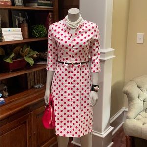 Polka dotted luncheon dress with 3/4 sleeves.